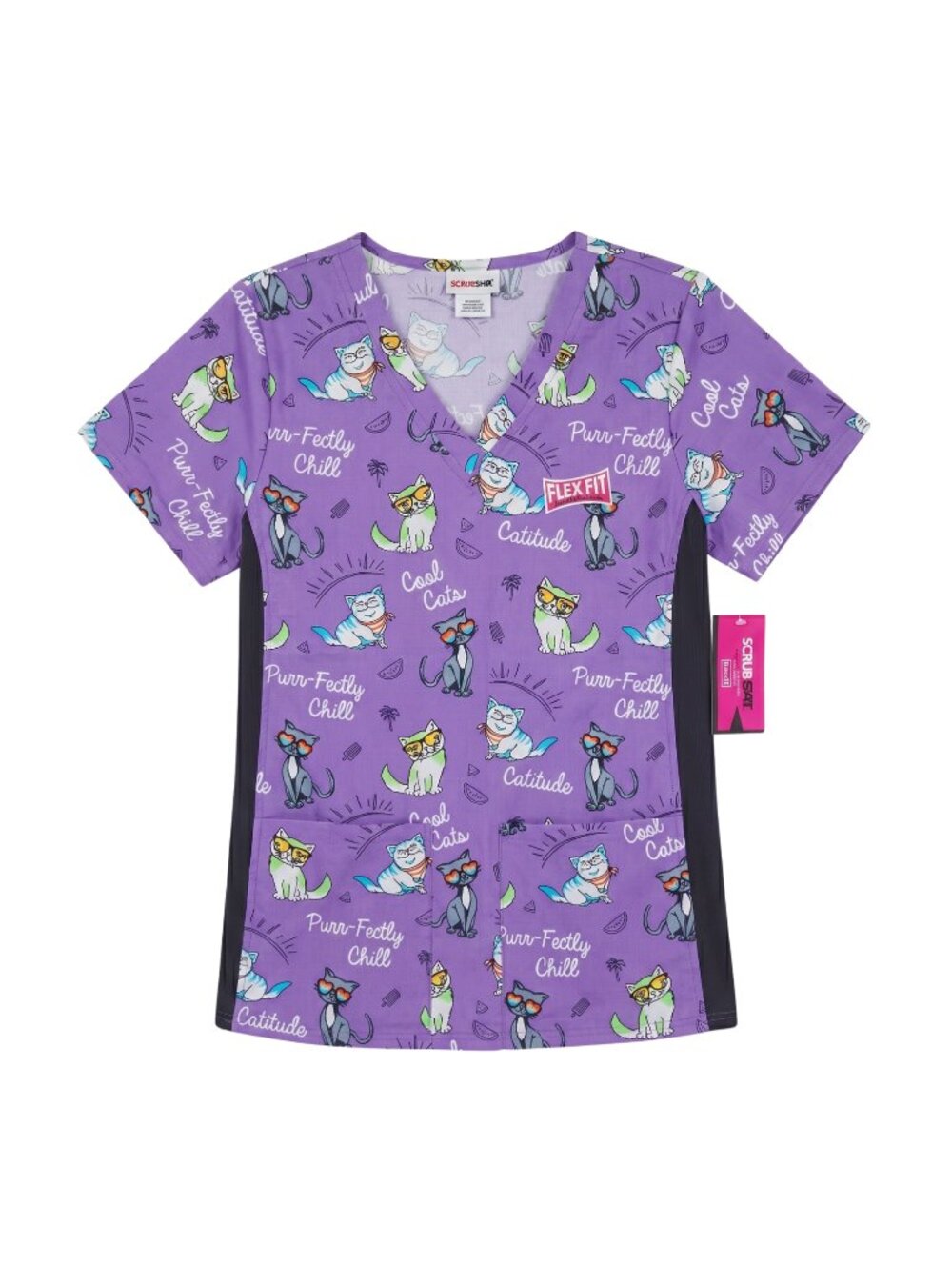 NWT | SCRUBSTAR Flex Fit Purple "Catitude" Cat Print Mesh Panel Scrub Top | XS